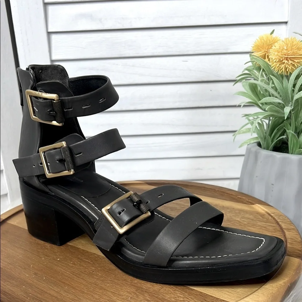 RAG & BONE l Metal Gray Strappy Heel Fallon Leather Sandal Brass Buckle 9.5 - Picture 3 of 14